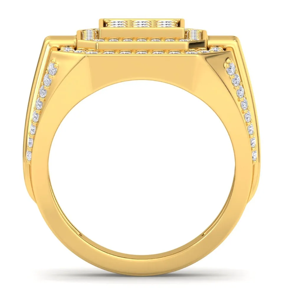 1 3/4Ct Men's Diamond Square Multi-Diamond Double Octagon Frame Ring Yellow Gold