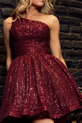 A Line One Shoulder Sequins Burgundy Homecoming Party Dress QH2334