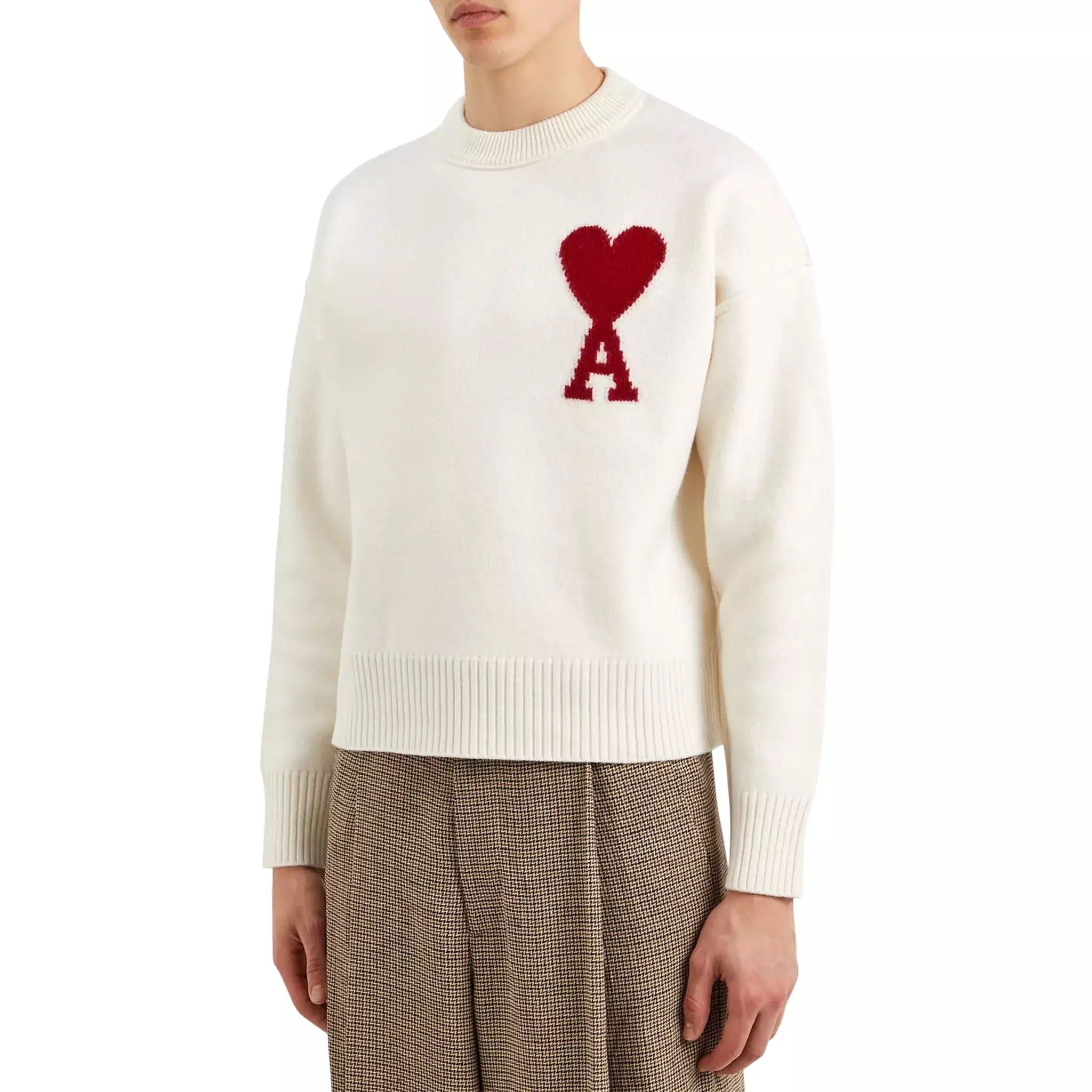 Ami Paris Red Ami De Coeur Logo Intarsia Off White Sweatshirt