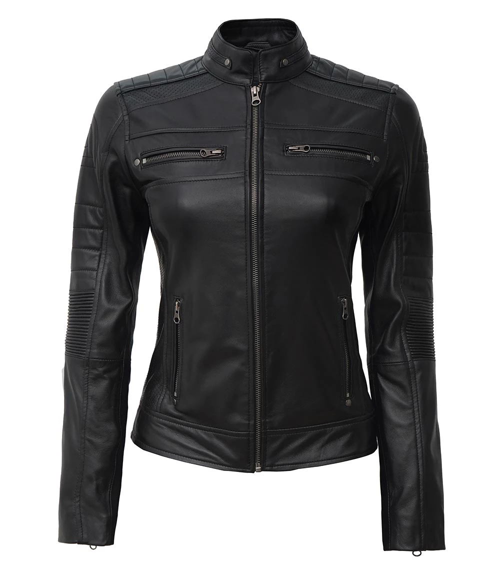 Austin Tall Women's Black Cafe Racer Real Leather Jacket