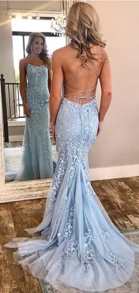 Backless Sky Blue Floral Lace Formal Prom Dress | Mermaid Evening Dress with Court Train