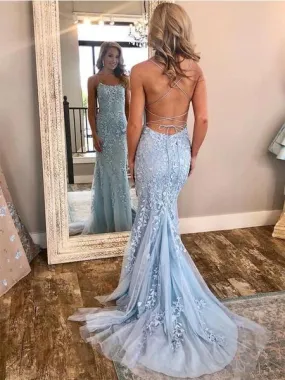 Backless Sky Blue Floral Lace Formal Prom Dress | Mermaid Evening Dress with Court Train