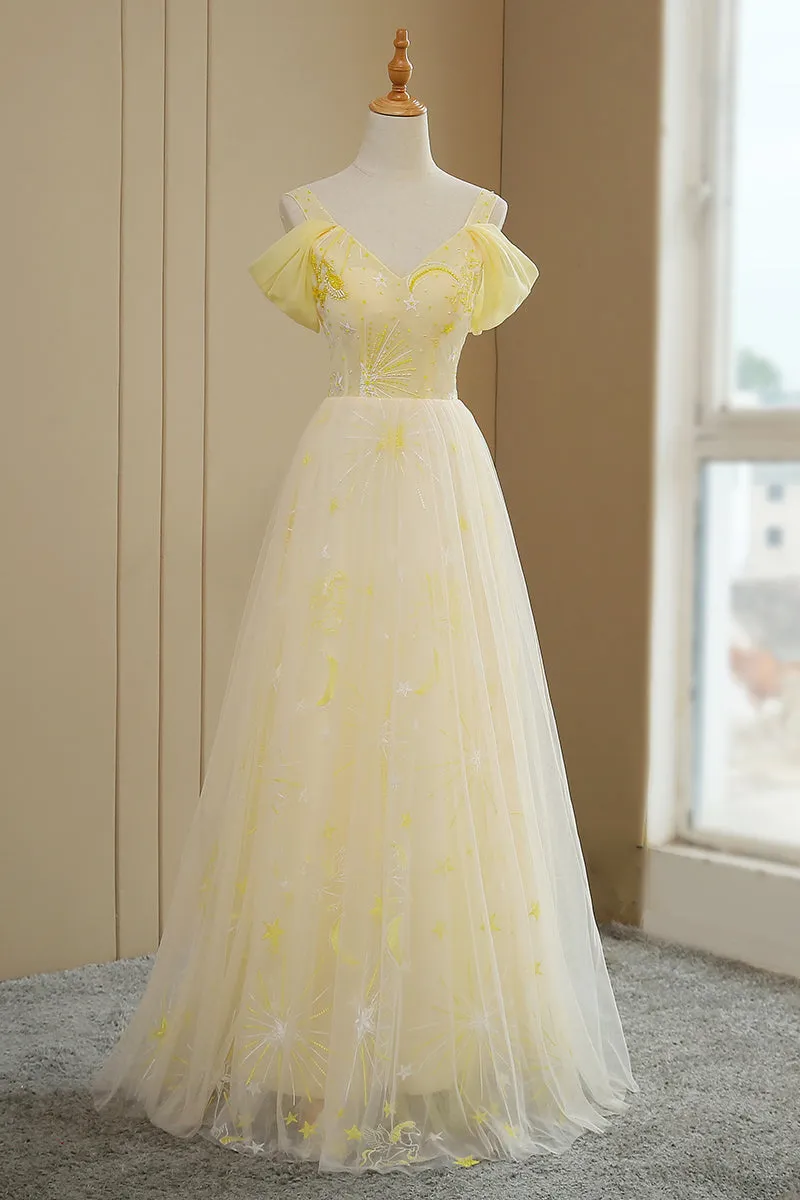 Beautiful Light Yellow Tulle Off Shoulder Evening Dress, Fashion Long Prom Dress