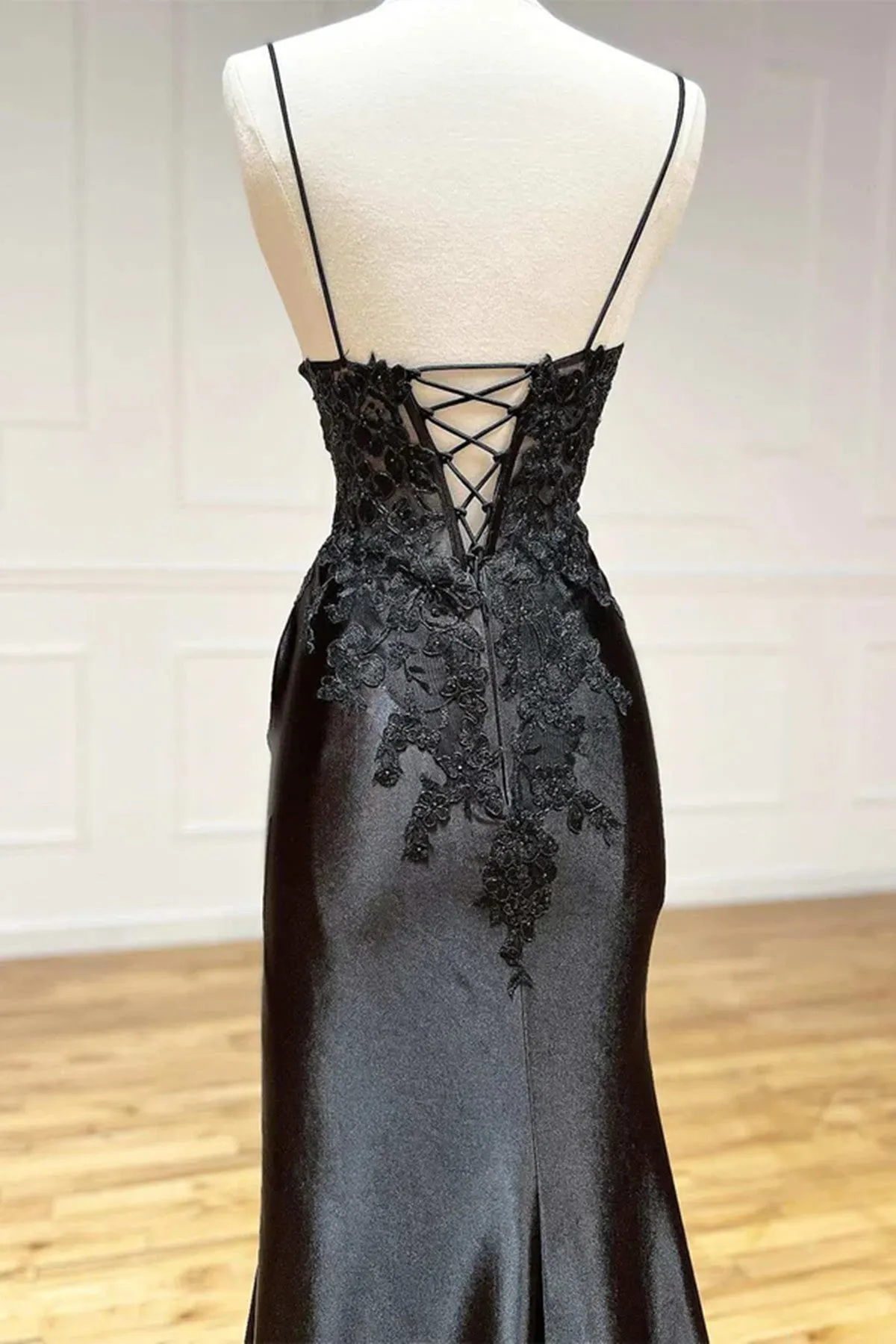 Black A-line paghetti Straps Split Lace Applique Prom Dress, Black Evening Dress