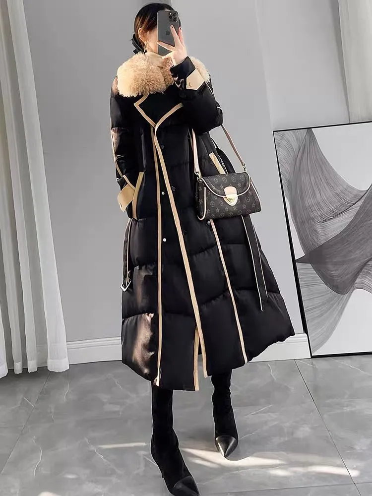 Black large fur collar down jacket for women in winter 2023 new design Korean style lace-up waist mid-length jacket