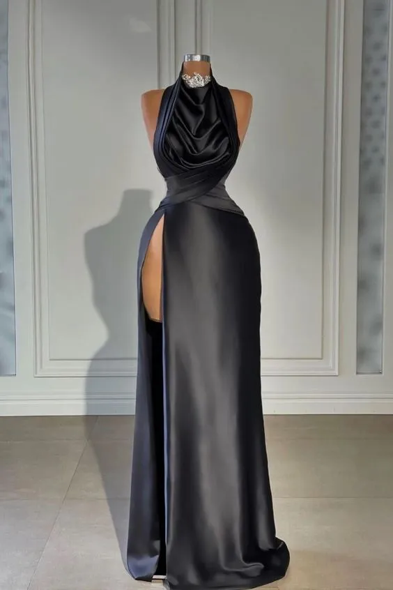 Black Long Evening Dress Satin Halter With High Slit Pleated Y6617