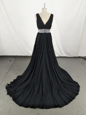 Black V Neck Chiffon Sequin Long Prom Dress, Black Evening Dress