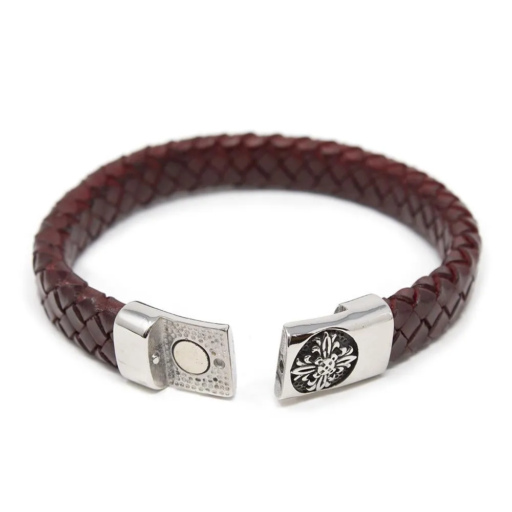 Braided Leather Bracelet with Flower Clasp Burgundy Large