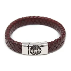 Braided Leather Bracelet with Flower Clasp Burgundy Large