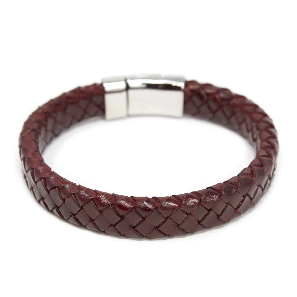 Braided Leather Bracelet with Flower Clasp Burgundy Large