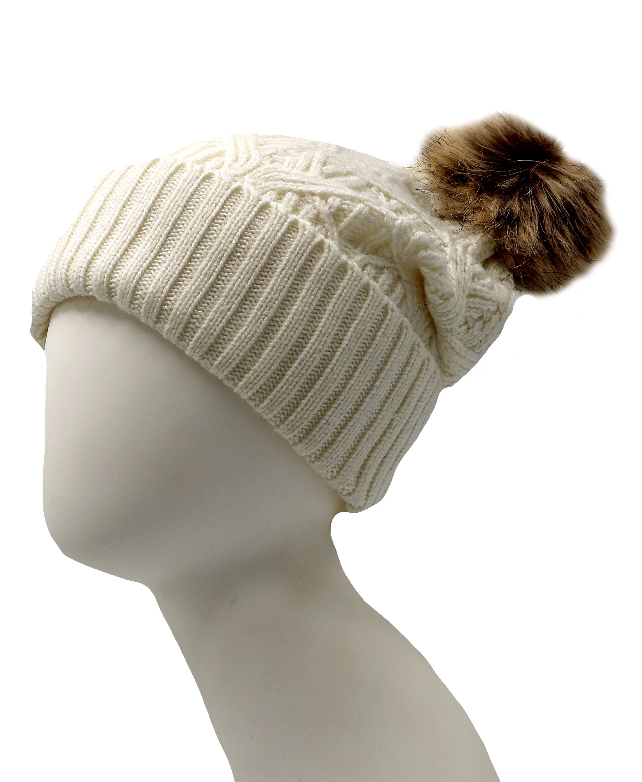 Cable Knit Hat w/ Faux Fur Pom