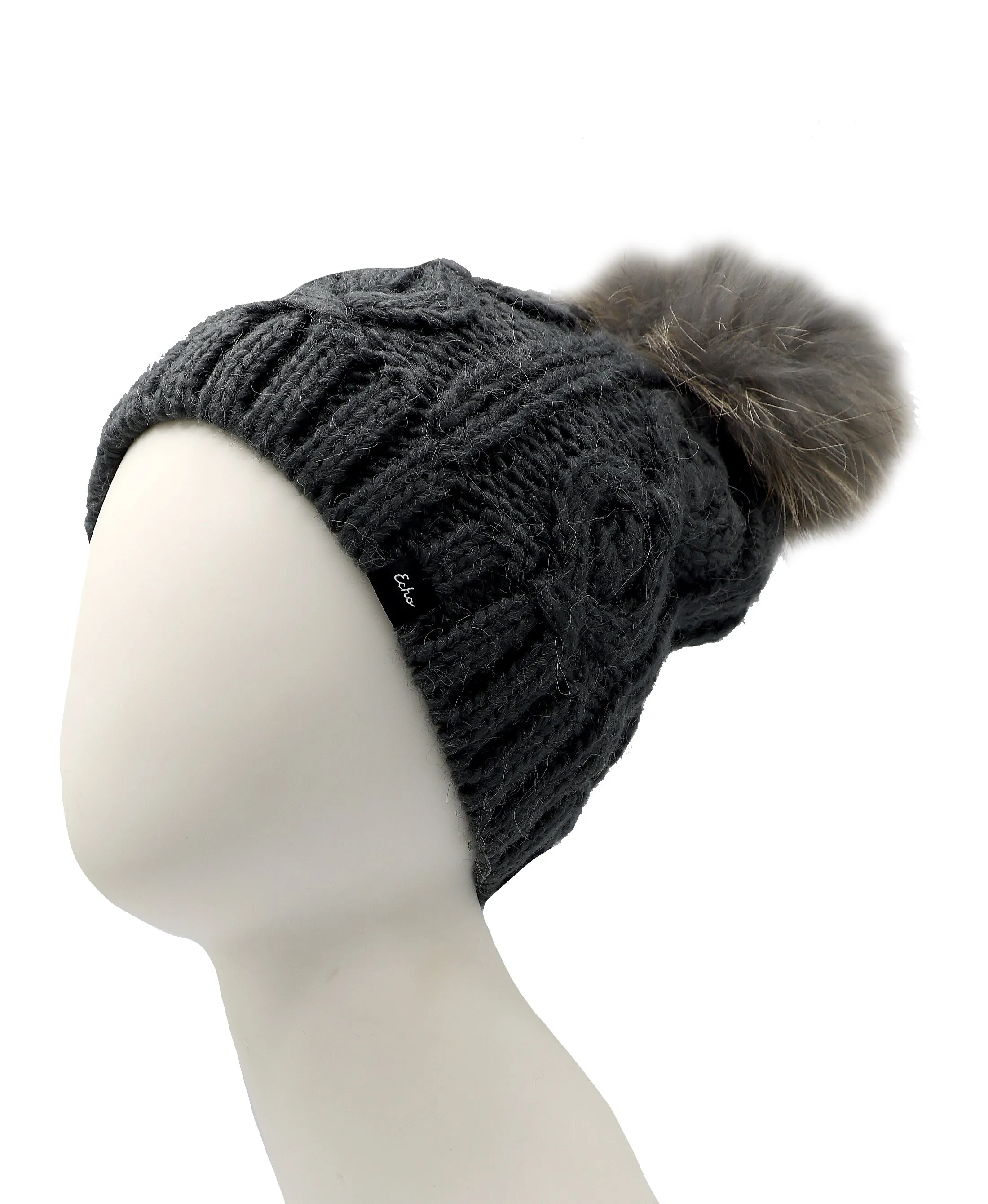 Cable Knit Hat w/ Fur Pom