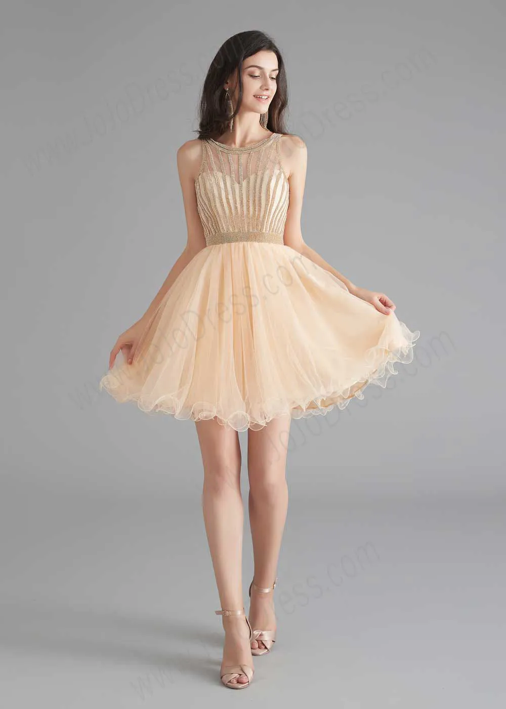 Chic Short Champagne Tulle Evening Dress