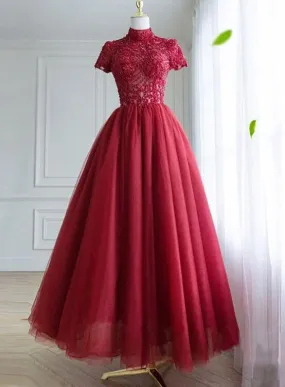 Dark Red Lace High Neckline Beaded Prom Dress, Tulle Evening Dress Formal Dress