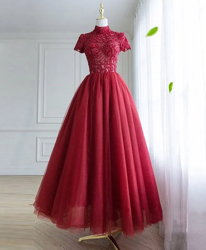 Dark Red Lace High Neckline Beaded Prom Dress, Tulle Evening Dress Formal Dress