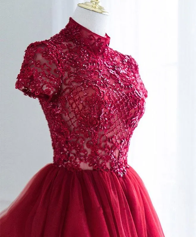 Dark Red Lace High Neckline Beaded Prom Dress, Tulle Evening Dress Formal Dress