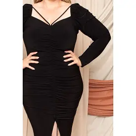 Deep Round Neck Shirring Detailed Back Plus Size Dress