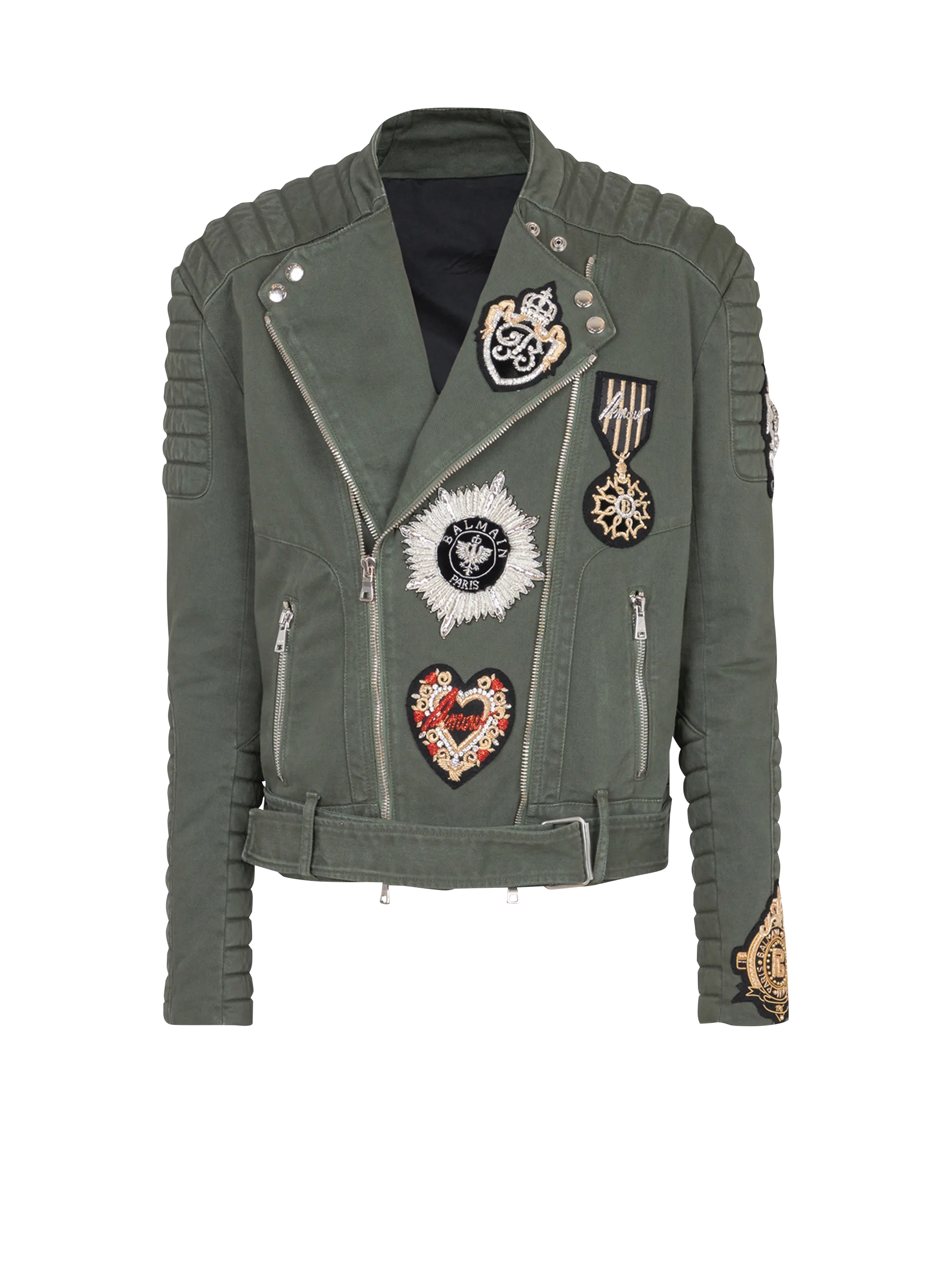 Denim biker jacket with embroidered patches