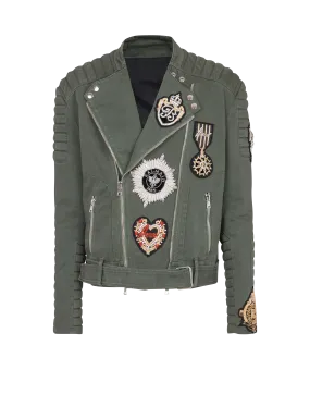 Denim biker jacket with embroidered patches