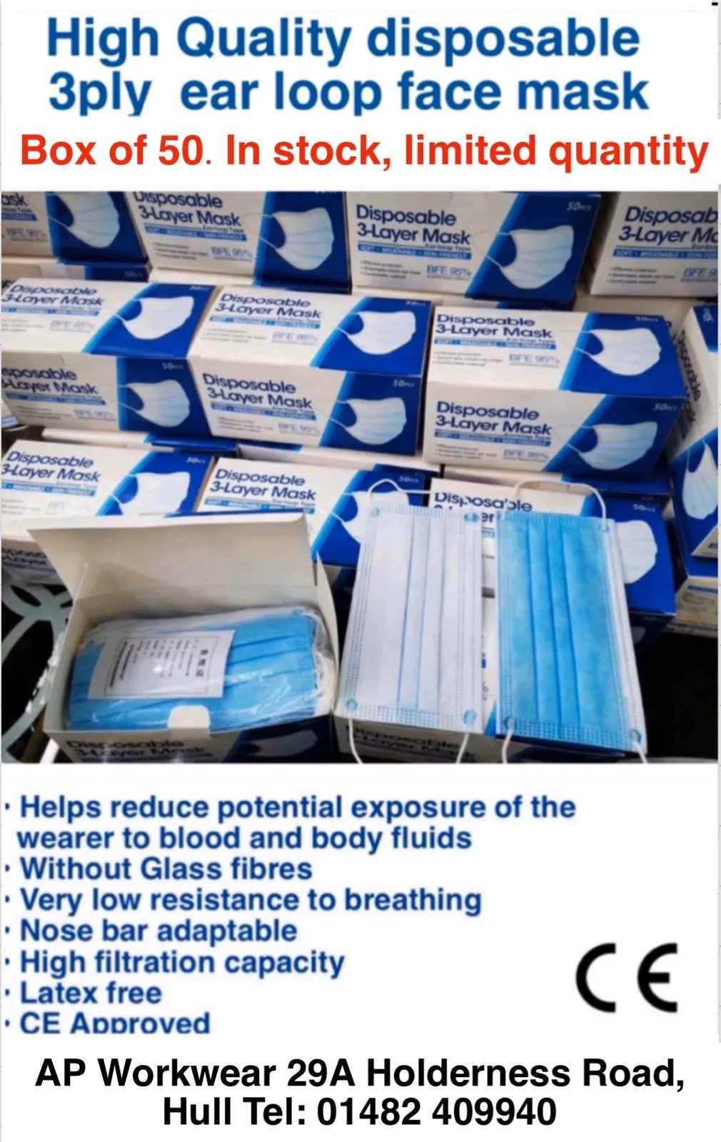 Disposable Protective Face Masks (Boxes of 50pcs)