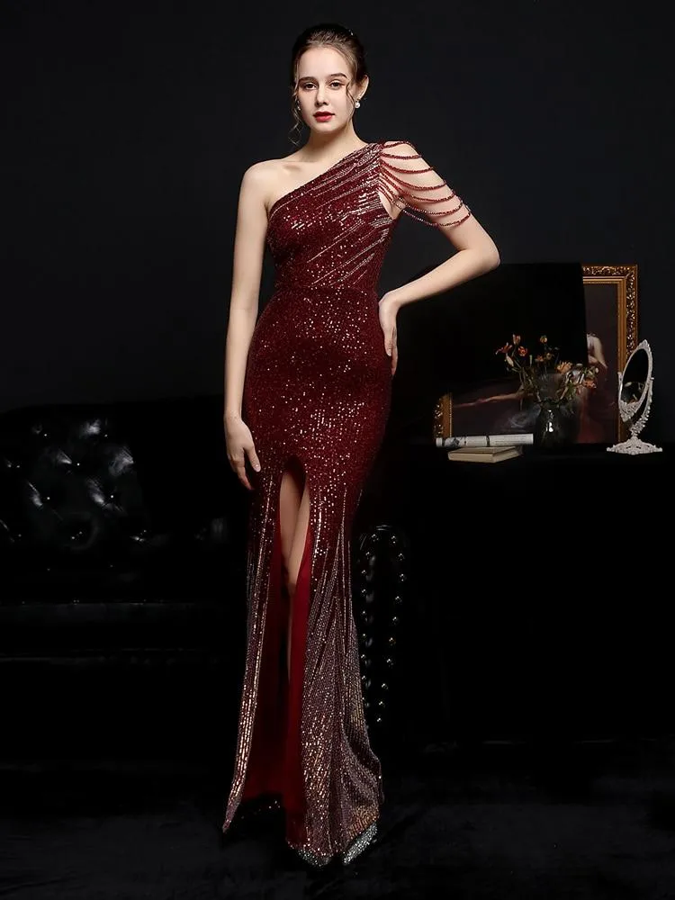 Elegant One Shoulder Slit Gold Sequin Evening Dress