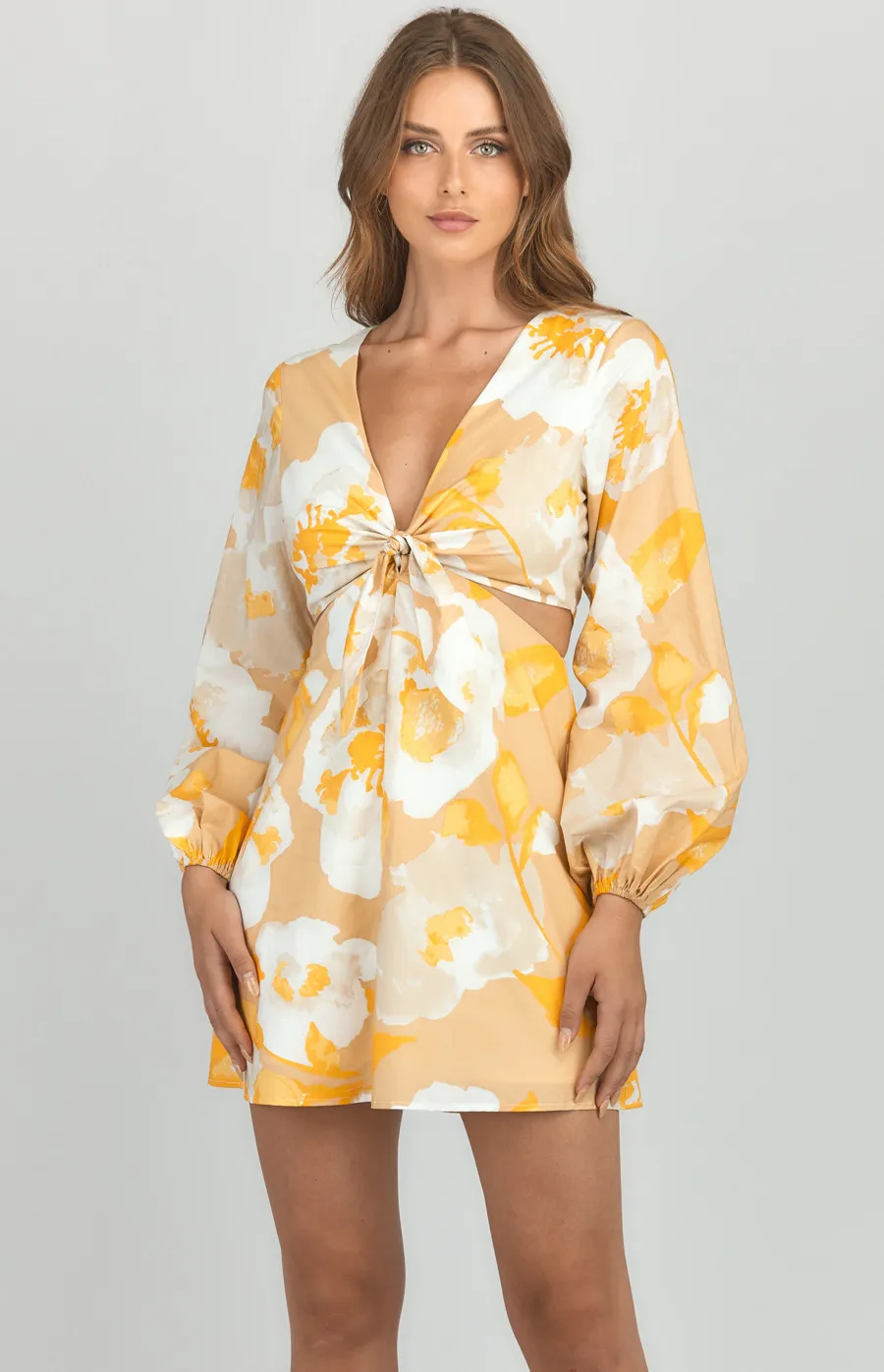 Floral Tie Front Dress with Side Cut Out Details (WDR455A)