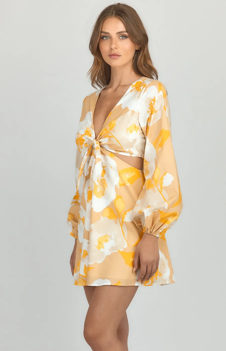 Floral Tie Front Dress with Side Cut Out Details (WDR455A)