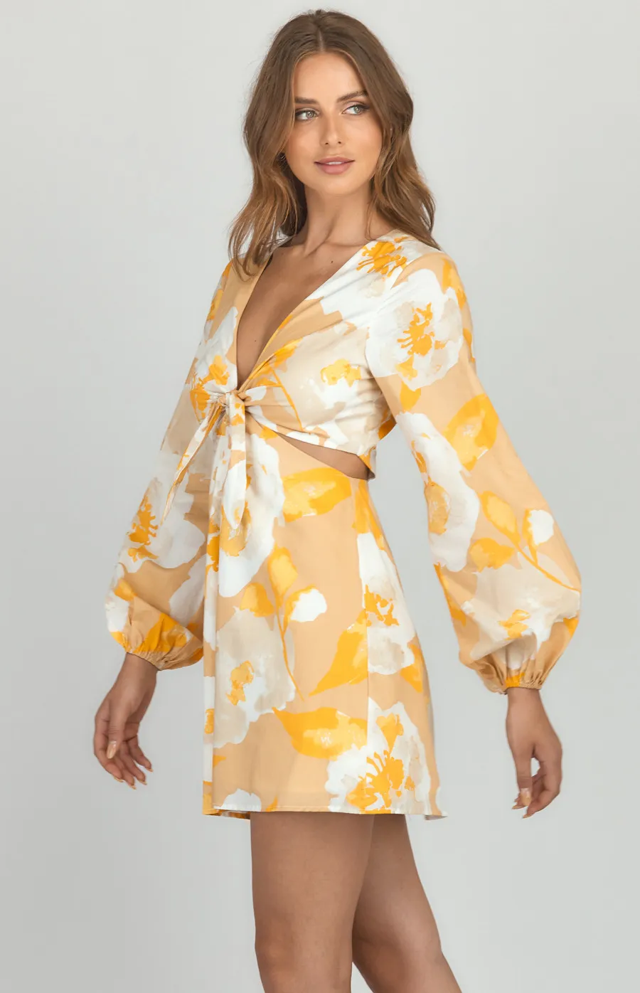 Floral Tie Front Dress with Side Cut Out Details (WDR455A)