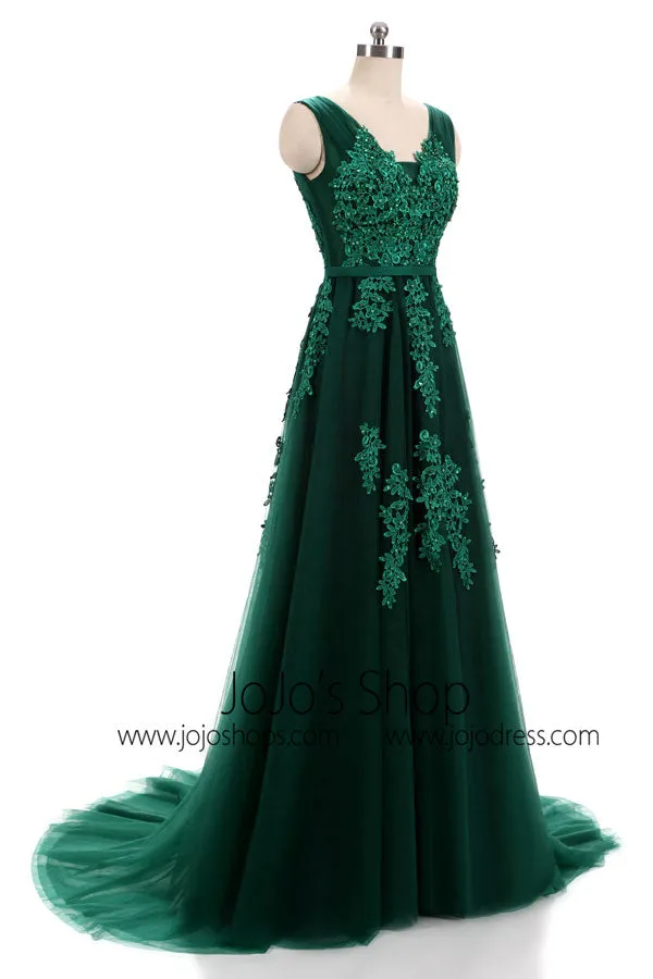 Forest Green Lace Formal Prom Evening Dress with Open Back