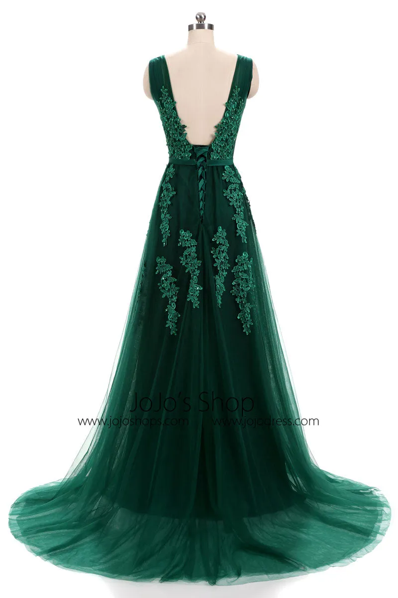 Forest Green Lace Formal Prom Evening Dress with Open Back