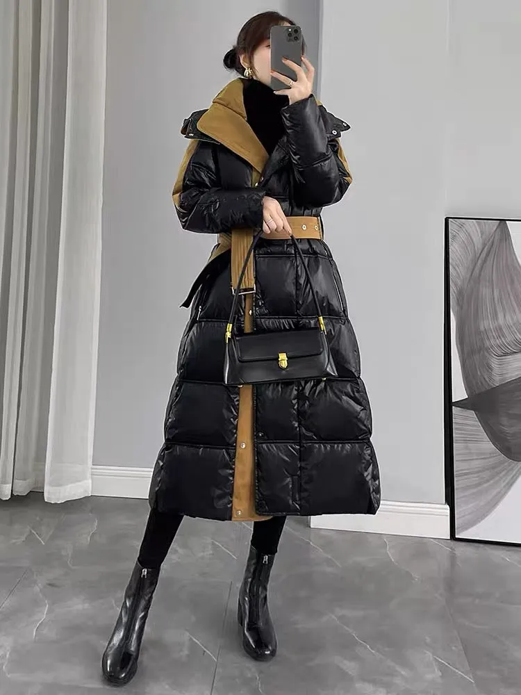 Glossy black down jacket women's mid-length over the knee 2023 new women's winter spliced white duck down jacket thickened