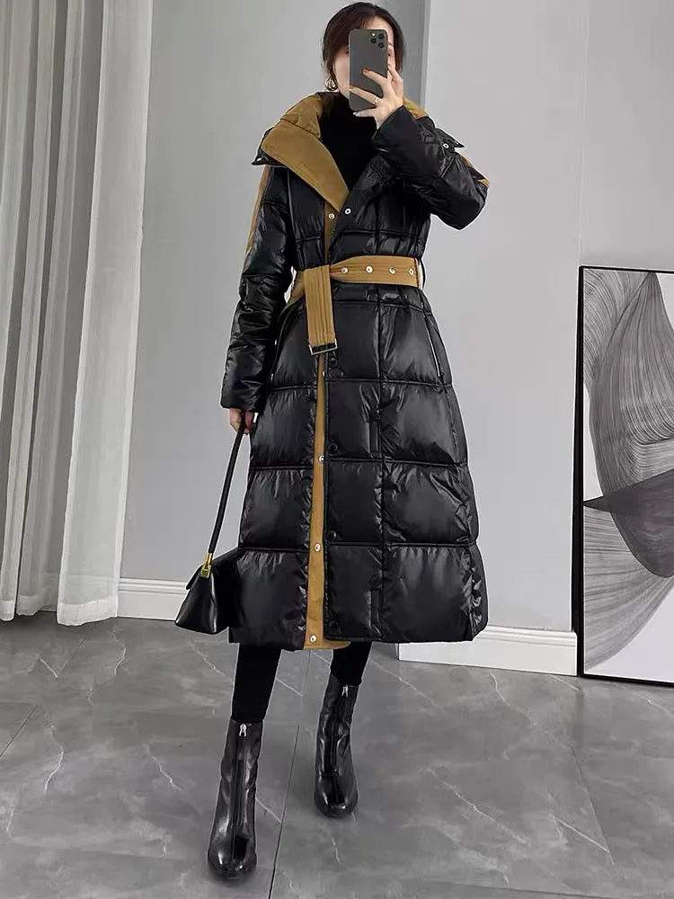 Glossy black down jacket women's mid-length over the knee 2023 new women's winter spliced white duck down jacket thickened