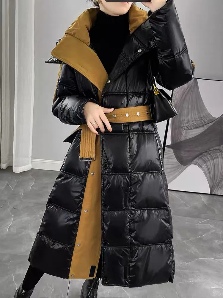 Glossy black down jacket women's mid-length over the knee 2023 new women's winter spliced white duck down jacket thickened