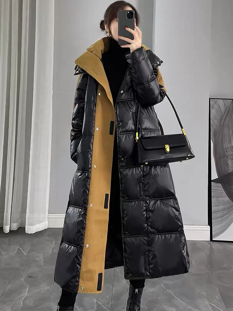 Glossy black down jacket women's mid-length over the knee 2023 new women's winter spliced white duck down jacket thickened