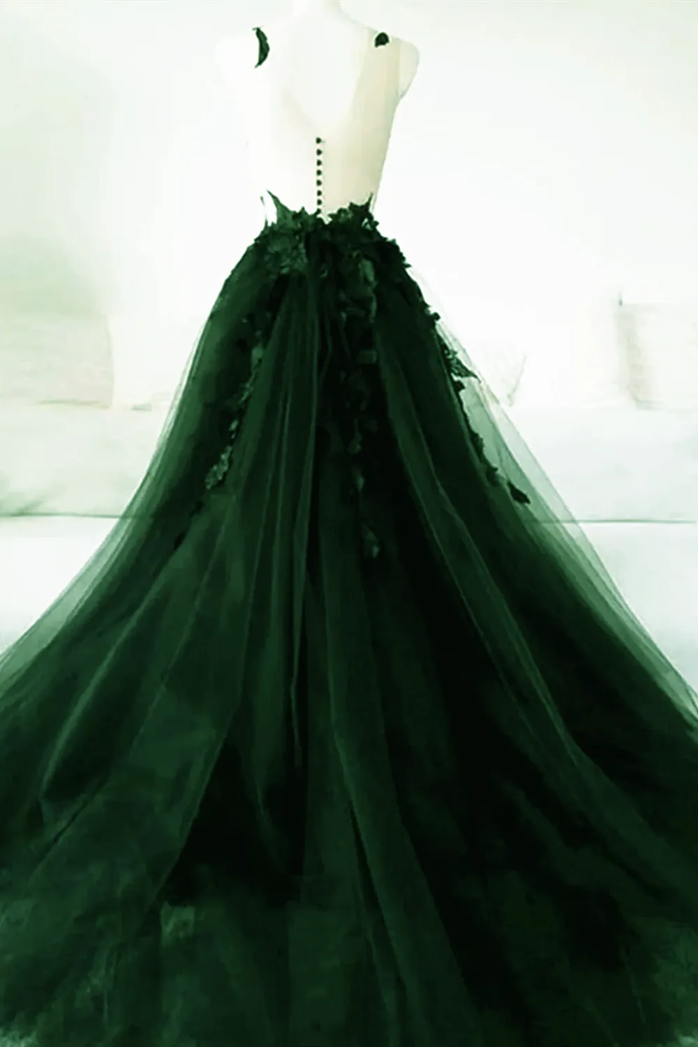 Green A-line Tulle with Lace Low Back Prom Dress, Green Tulle Evening Dress Party Dress