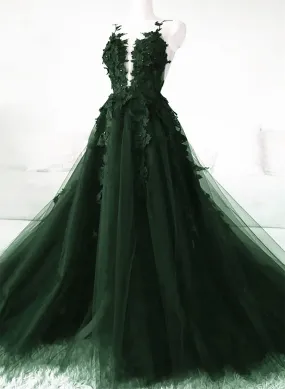 Green A-line Tulle with Lace Low Back Prom Dress, Green Tulle Evening Dress Party Dress