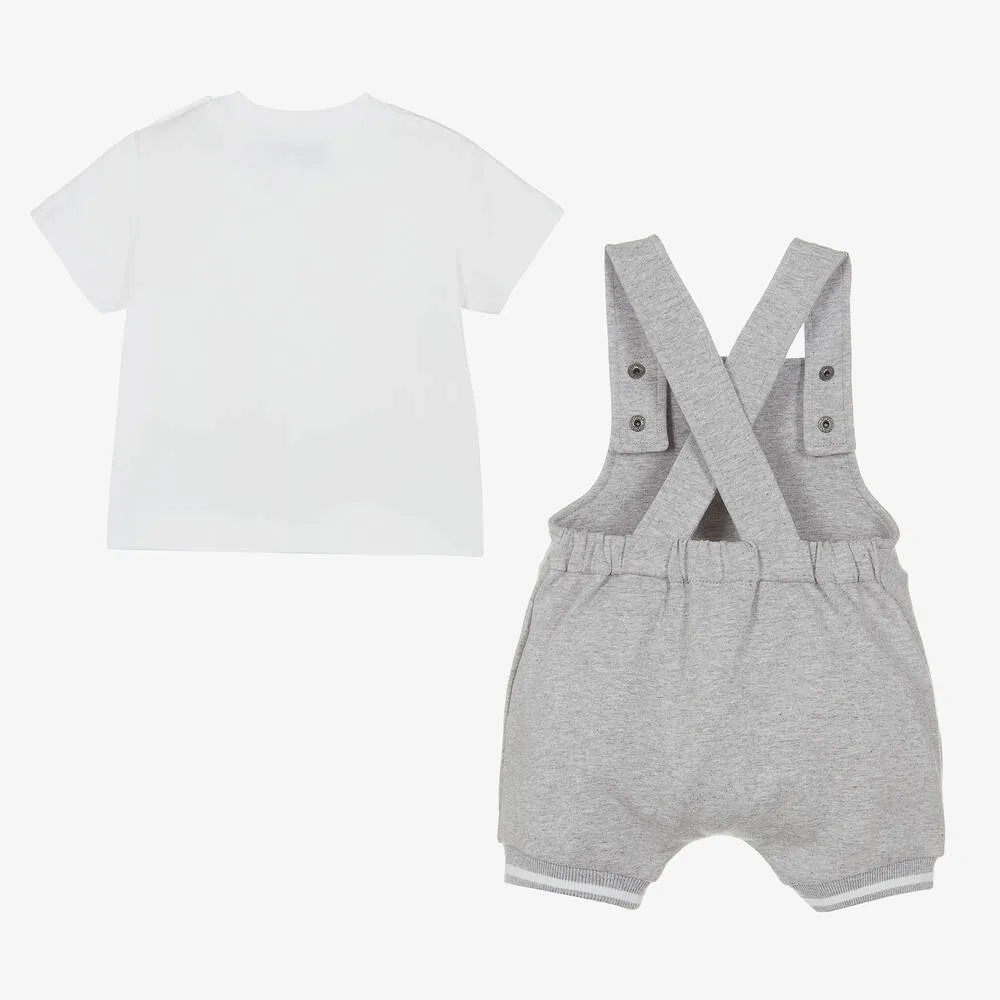 Grey & White Cotton Dungarees Set