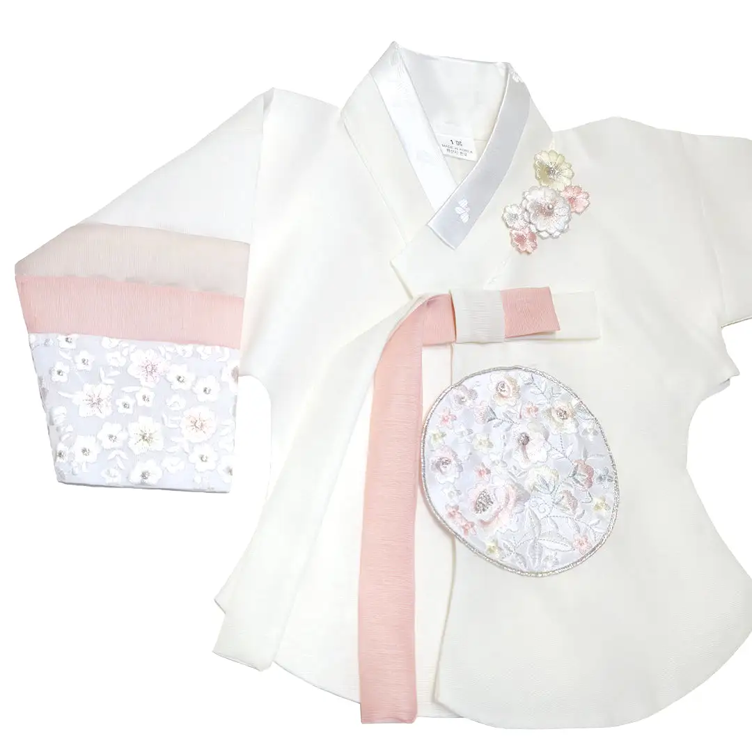 Hanbok Baby Girl 4-piece Set - Princess Natural/Dusty Pink Stripe/floral embroidery