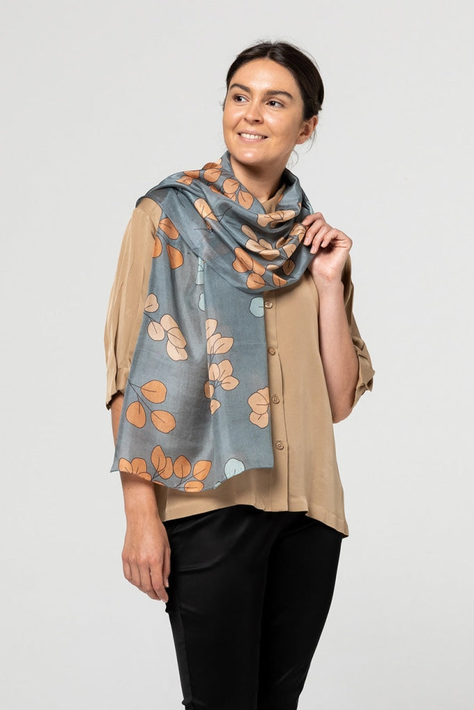 INDUS - SILK SCARF - SILVER EUCALYPTUS - LAKE, CASHEW & MIST