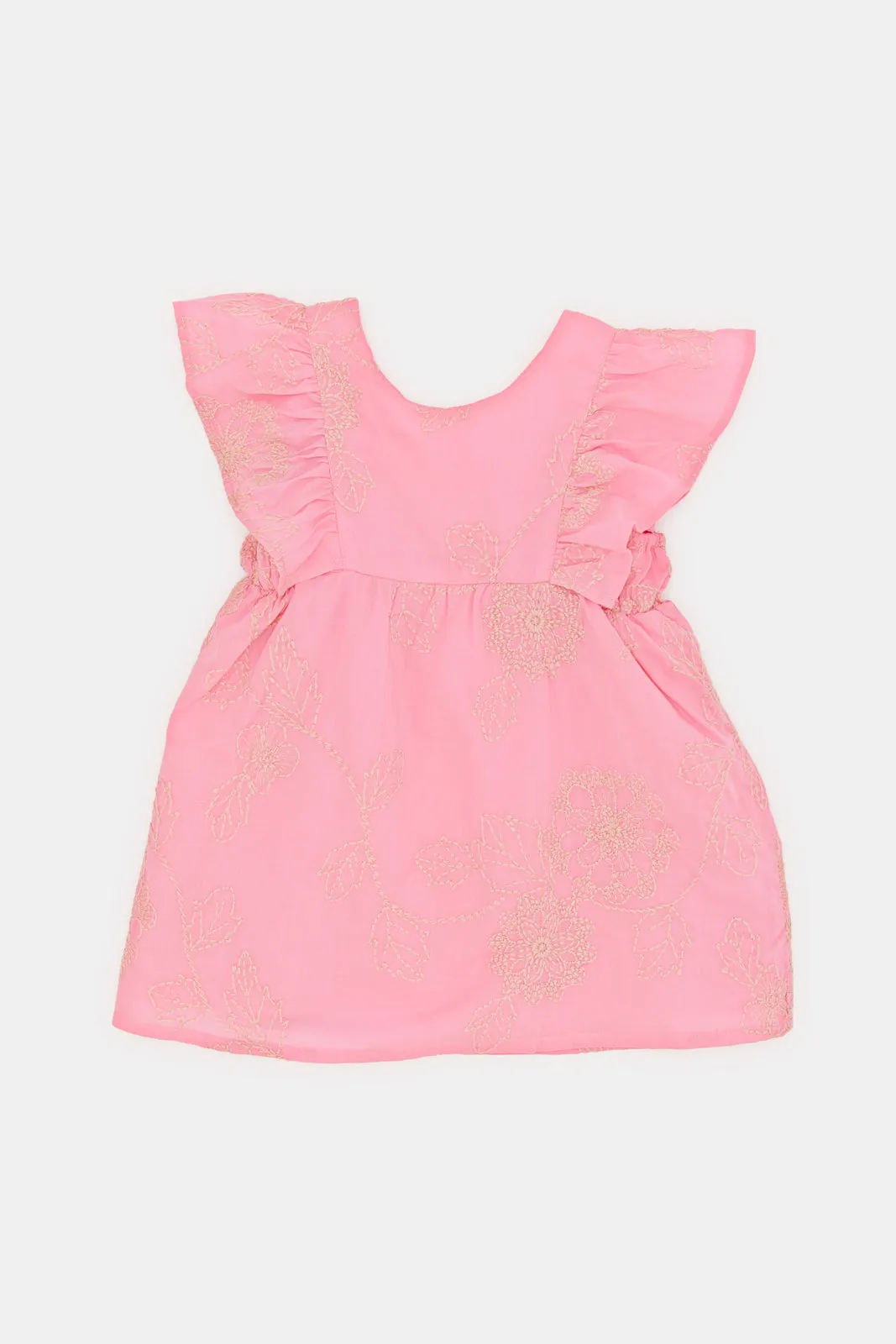 Infant Girls Pink Embroidery Flutter Sleeves Dress