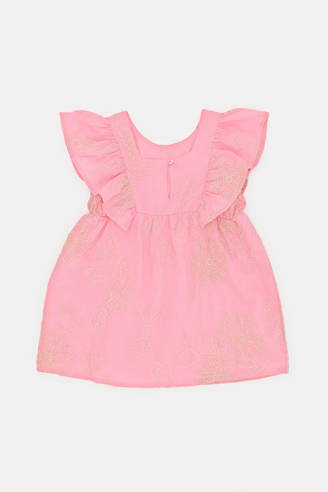 Infant Girls Pink Embroidery Flutter Sleeves Dress