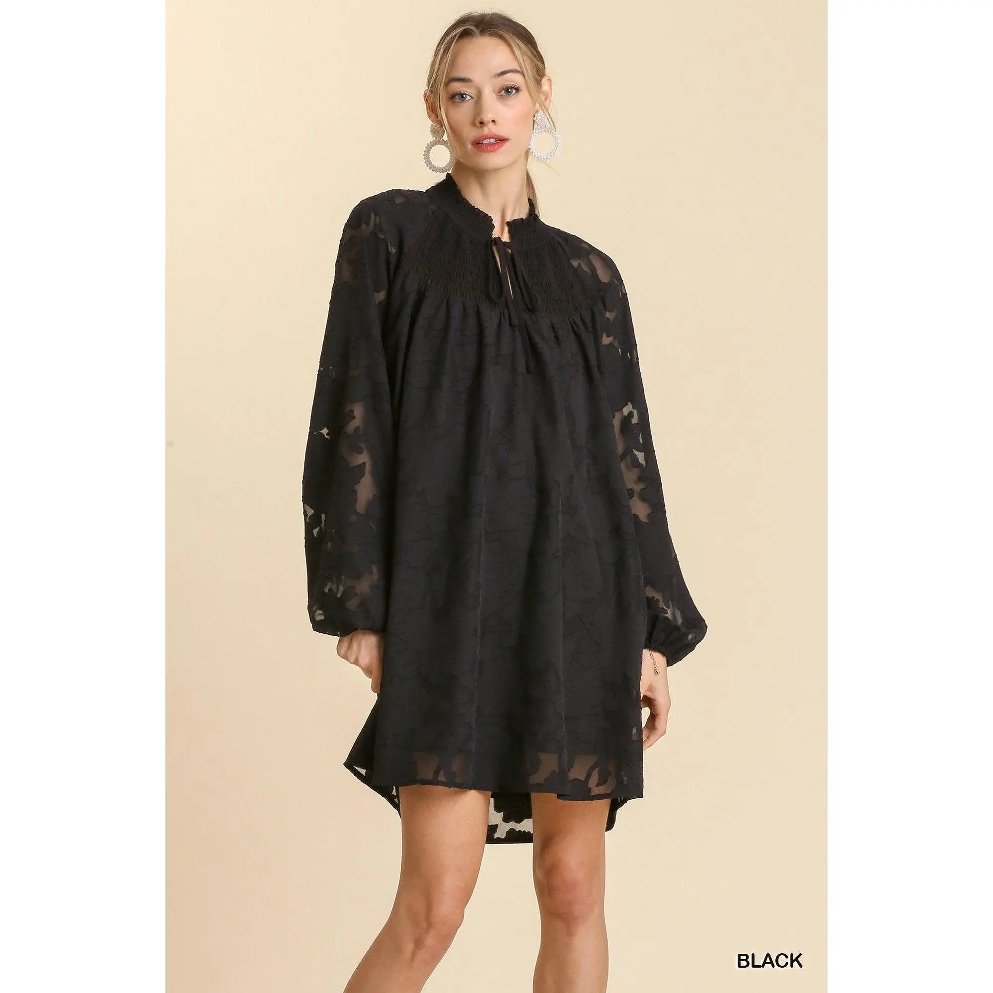 Jacquard Raglan Smocked Tie Neck Yoke Dress