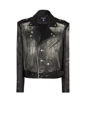 Leather biker jacket with denim print