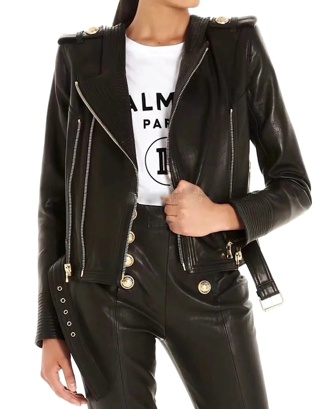 Leather Golden Trim Stitch Detail Jacket