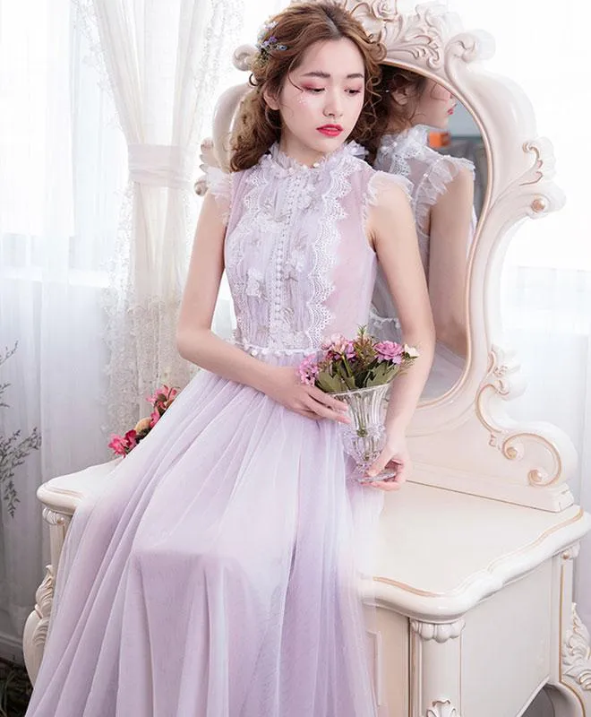 Light Lavender Tulle with Lace Long Evening Dress, Elegant Prom Dress Formal Dress