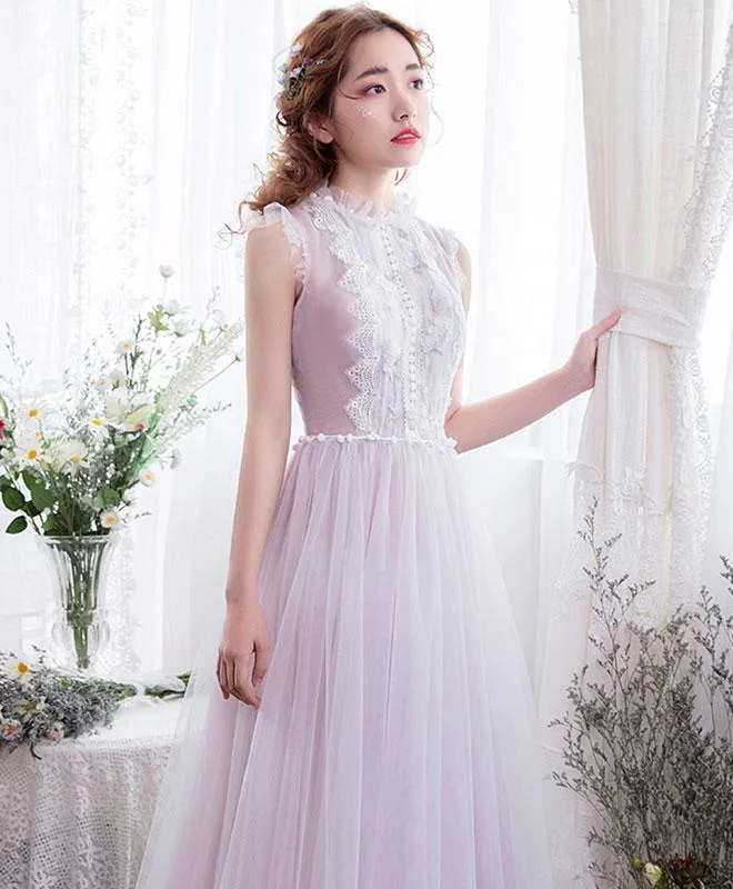 Light Lavender Tulle with Lace Long Evening Dress, Elegant Prom Dress Formal Dress