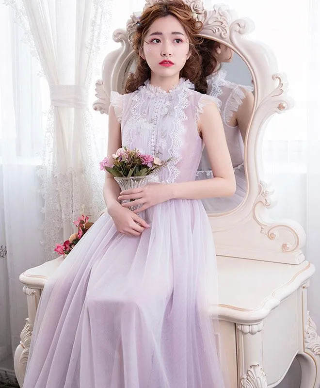 Light Lavender Tulle with Lace Long Evening Dress, Elegant Prom Dress Formal Dress