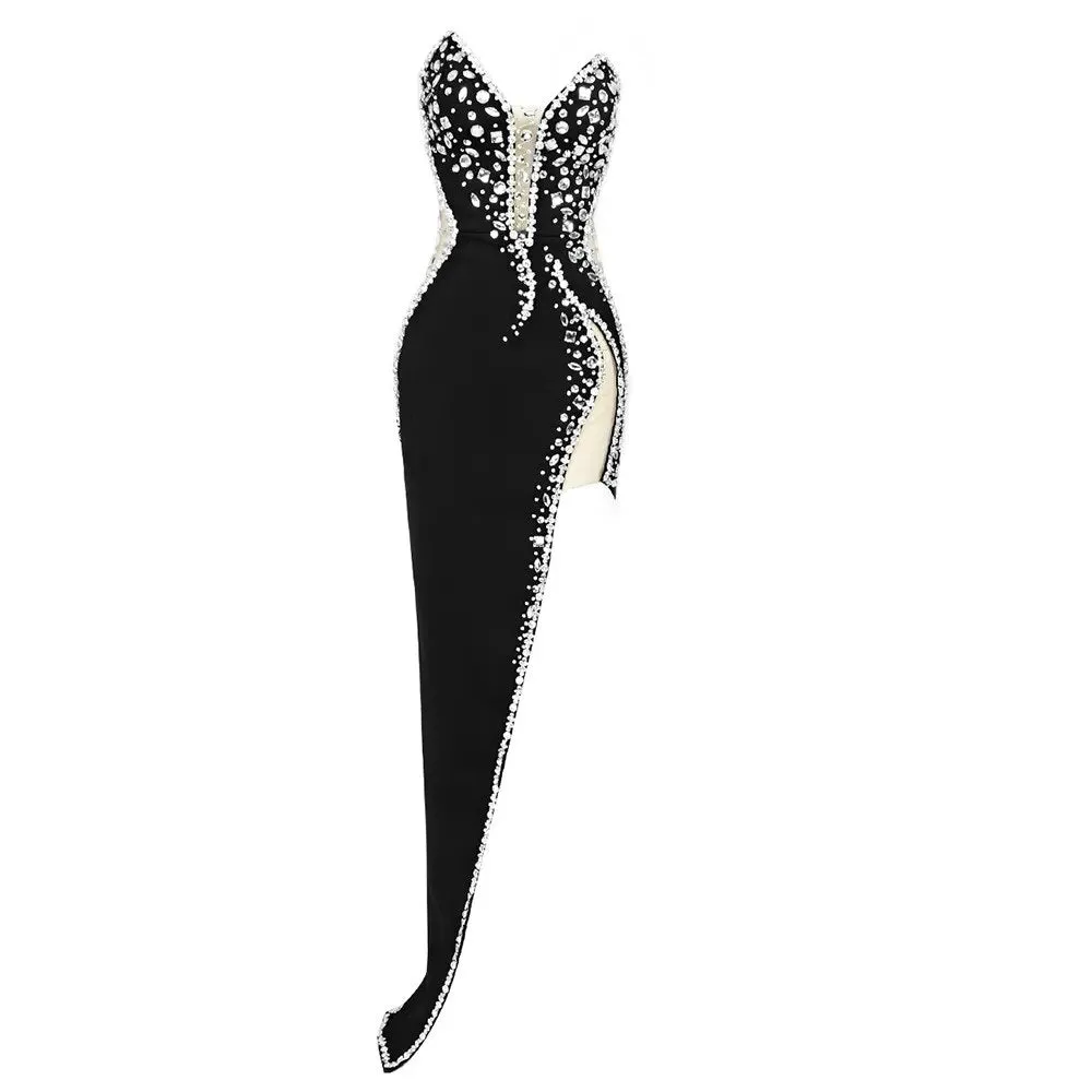 Long Black Beading Celebrity Women Party Sexy Slit Evening Dress