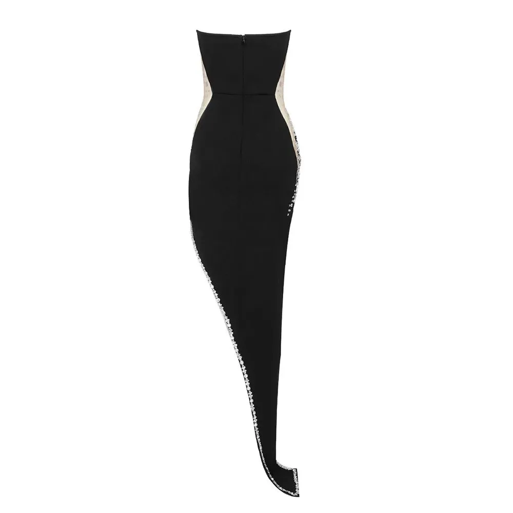 Long Black Beading Celebrity Women Party Sexy Slit Evening Dress