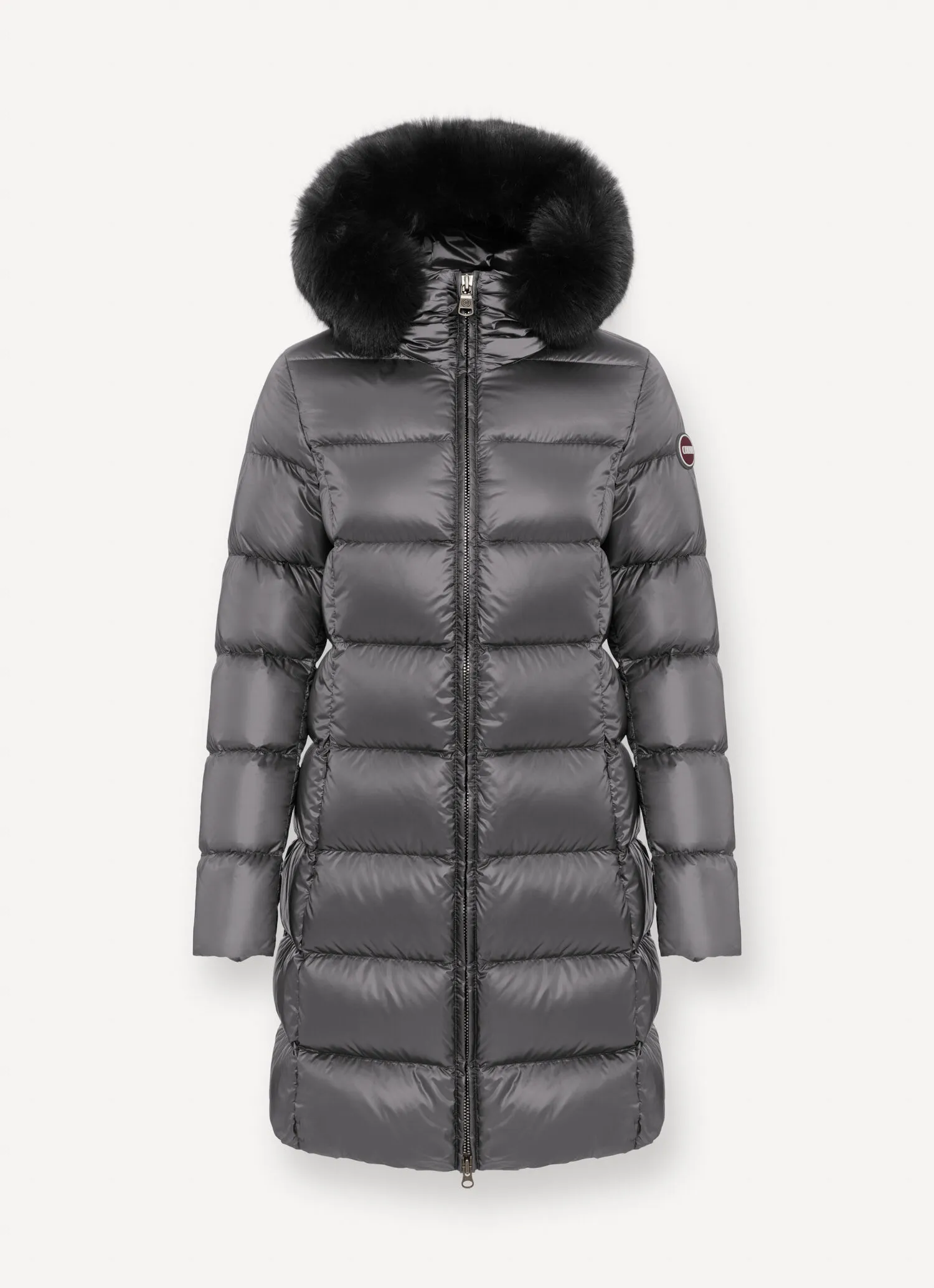 Long down jacket with faux fur-